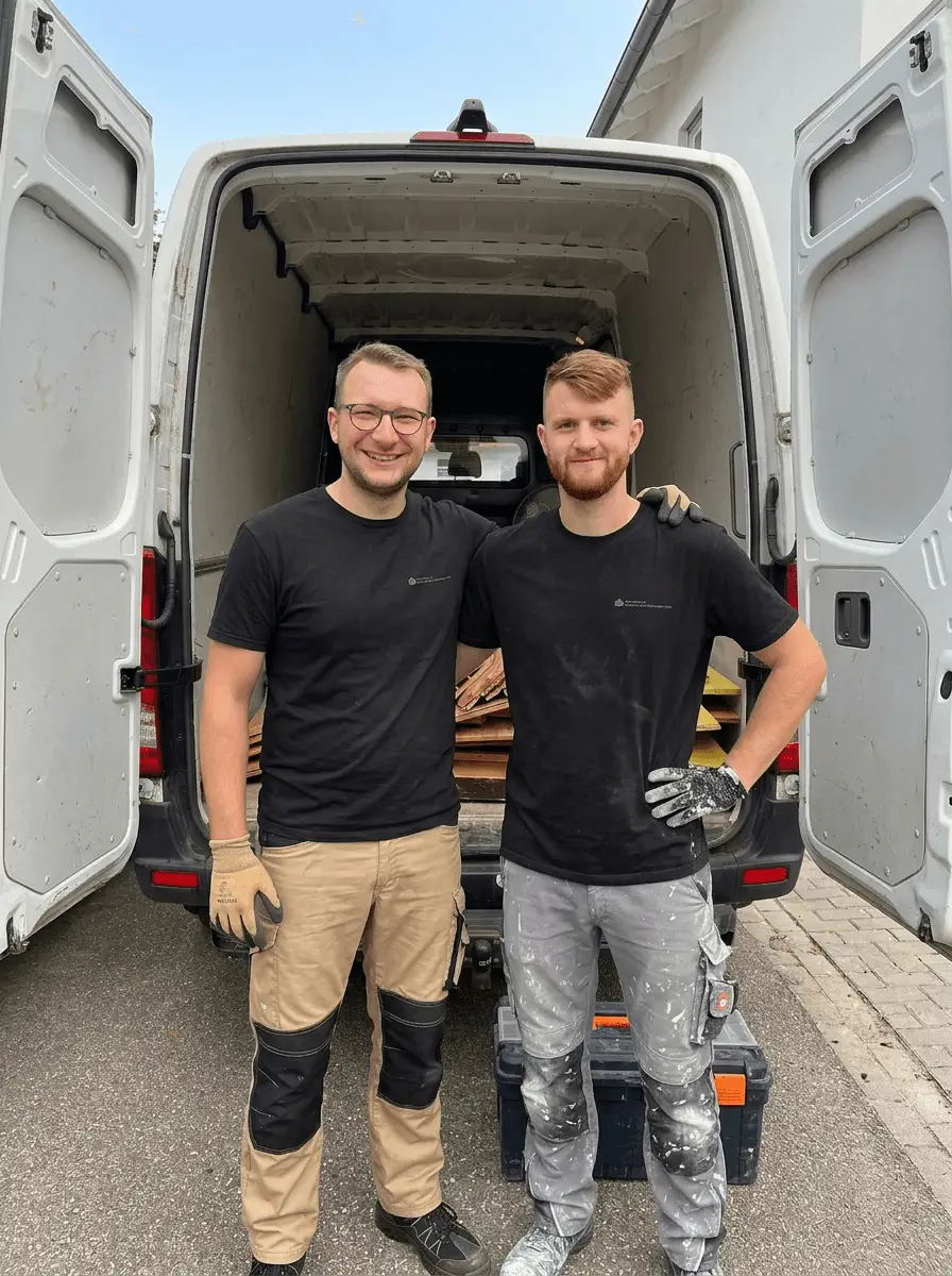 Maximilian Löbel und Walerij Wins vor ihrem Transporter